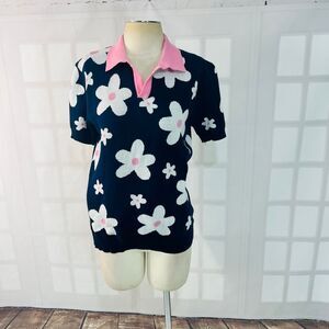 OXKNITSTORE Men's Multicolor Retro Floral Knit Short Sleeve Polo Shirt Small